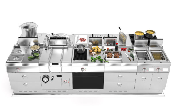 专业的模块化钢厨房，新鲜的食物。图片下载