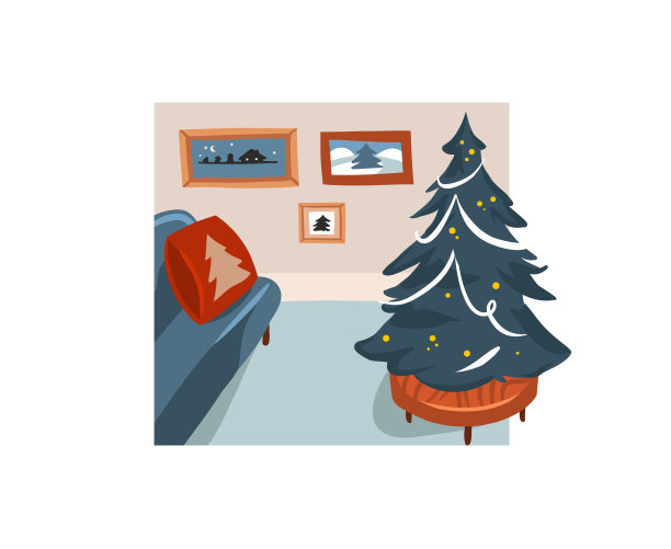 手绘矢量抽象股票扁平圣诞快乐，和新年快乐的大装饰圣诞树和礼物盒在假日家庭内部隔离的彩色背景卡通节日插图图片下载