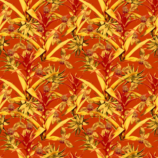 古兹曼花与芦荟和热带植物无缝图案。图片下载