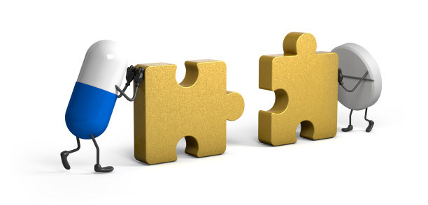 片剂药用胶囊字配块金色拼图，孤立白色背景，拼图拼图，3d插图图片下载