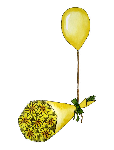 花束是黄色的，还有一个气球。水彩插图，为明信片。图片下载