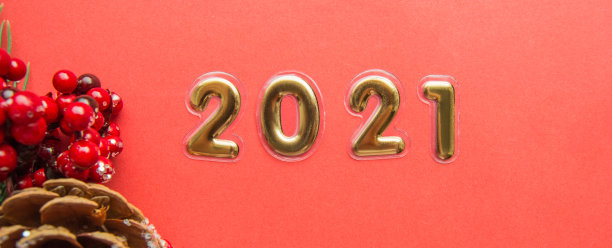 圣诞快乐，2021年新年快乐。2021年的黄金产量数字，红色背景上的天然松果和浆果。平躺，俯视图图片下载