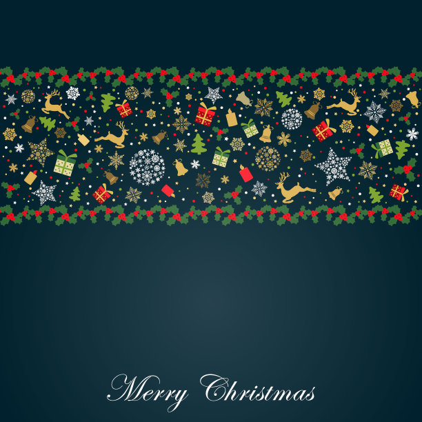 贺卡与金色圣诞鹿，礼物，雪花，圣诞树在深绿色的背景。矢量插图。黄金模式图片下载