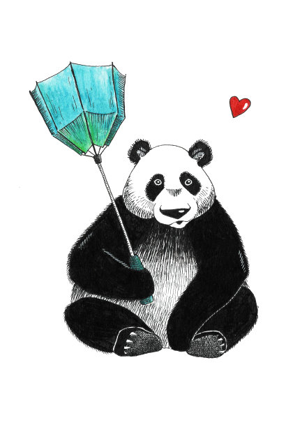 手绘的可爱的熊猫熊与反绿松石伞和心图片下载