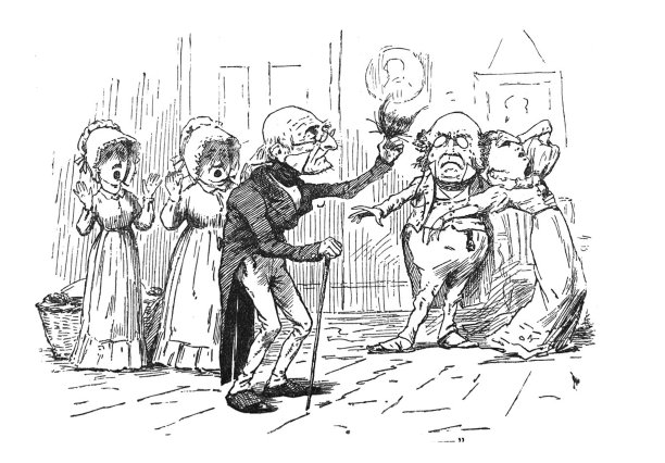 古董插图-女人昏倒在一个男人的怀里，一个年长的男人扯下他的发夹-家庭工作人员妇女看图片下载