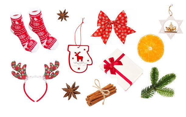圣诞节装饰收集孤立的白色背景图片下载
