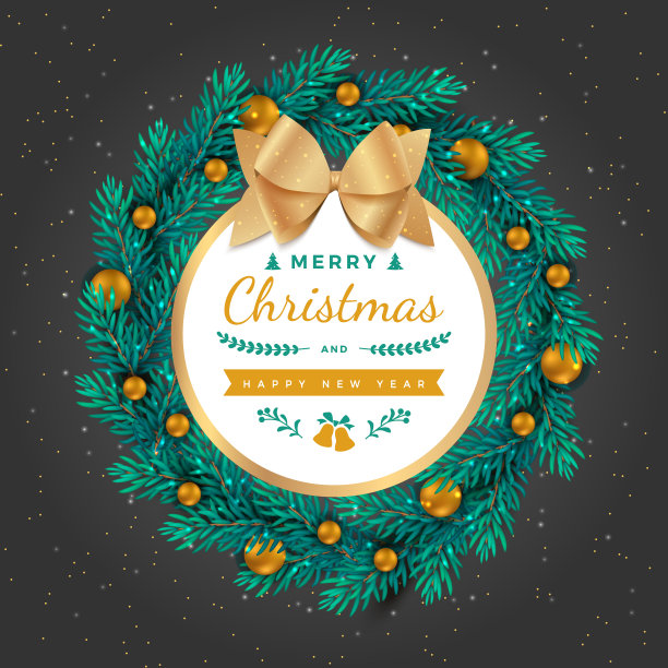 圣诞花环用冷杉树枝装饰着金球，蝴蝶结。圣诞和新年祝福插图。图片下载