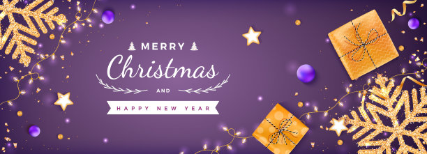 圣诞快乐和新年祝福横幅模板。圣诞卡片的背景。闪耀的金色雪花，礼盒，棉铃，花环，星星形状的饼干。图片下载