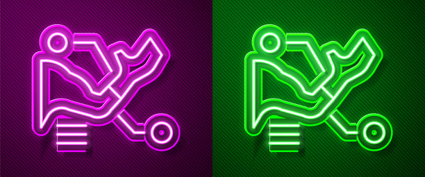 发光的霓虹灯线假肢手图标孤立在紫色和绿色的背景。仿生手臂，机器人机械手的未来概念。向量图片下载