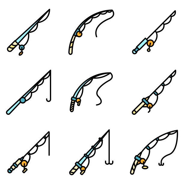 钓竿图标设置矢量平面图片下载