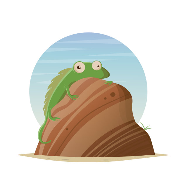 有趣的卡通蜥蜴坐在一块石头上图片下载