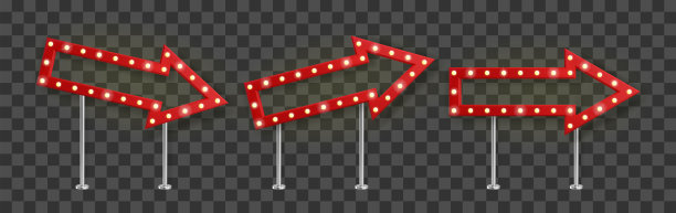 现实的红色箭头标志与黄色灯泡指向右，上和下。显示标志横幅模板与阴影。矢量插图。图片下载
