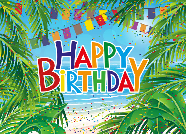 热带海滩和生日祝福。图片下载