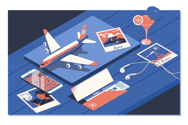 机票预订概念。向量等距插图图片下载