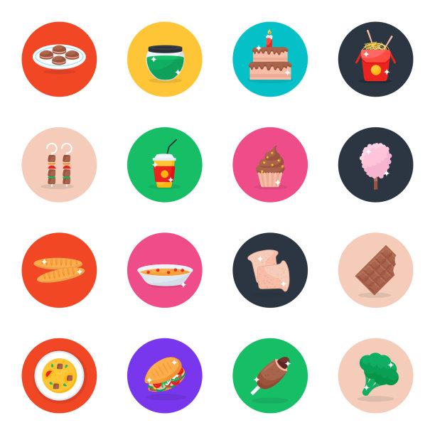 美味的食物图标在现代平面圆形风格包图片下载