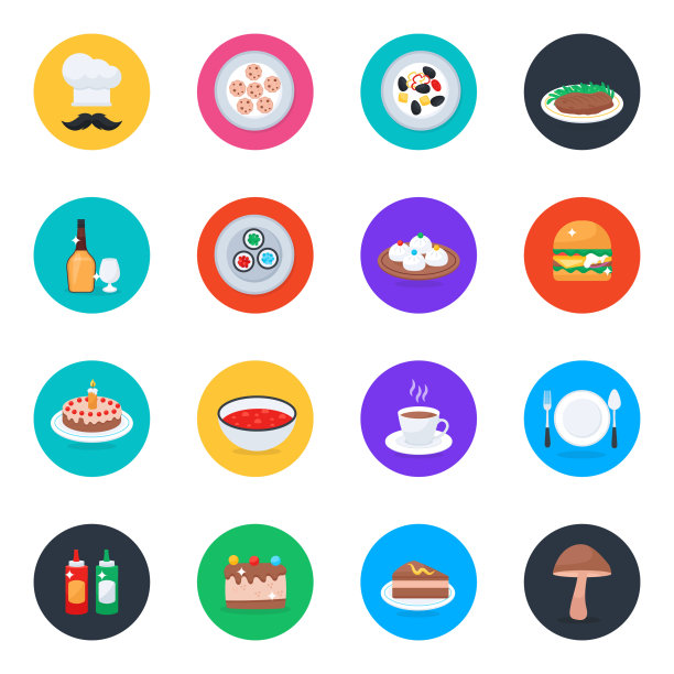 食物和美食图标在现代扁平圆形风格包图片下载