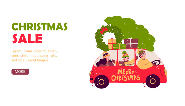 卡通家谱车进行装饰设计。圣诞快乐平面矢量登陆页面模板。图片下载