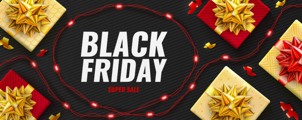 黑色星期五超级促销海报和逼真的红色礼盒图片下载