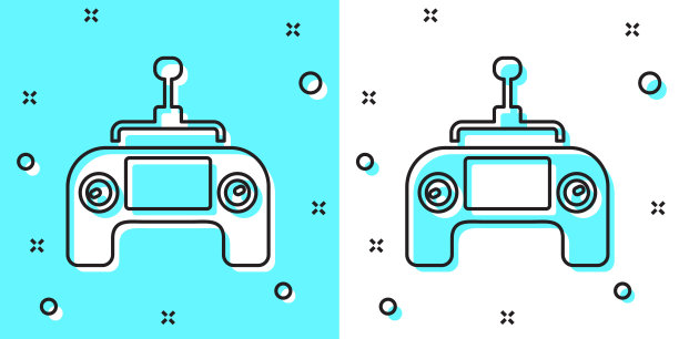 黑线无人机无线电遥控发射机图标隔离在绿色和白色背景。随机动态形状。向量图片下载