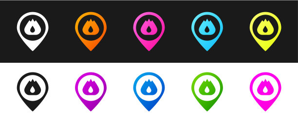 将地图指针与火焰图标隔离在黑白背景上。火附近。向量图片下载