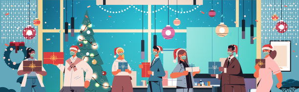 同事们戴着圣诞帽戴着面具同事们拿着礼物庆祝新年和圣诞佳节图片下载