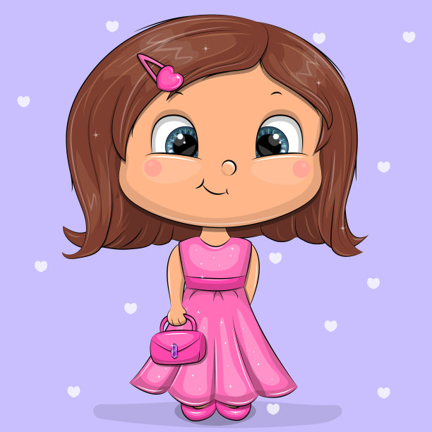 可爱的卡通女孩穿着粉红色的裙子。图片下载