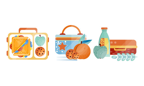 午餐盒与各种配料集，食物的孩子和学生收集平面矢量插图图片下载