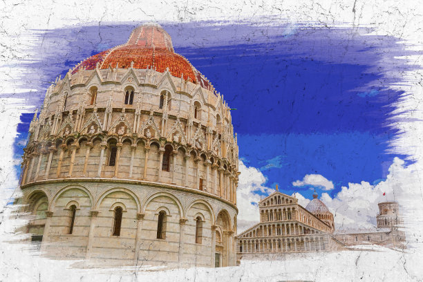 意大利比萨洗礼堂水彩画图片下载