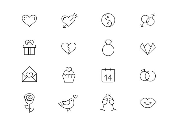 爱情、婚礼、圣瓦伦丁节细线矢量图标。可编辑的中风图片下载