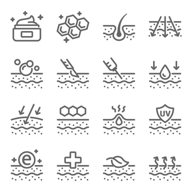 皮肤图标插图向量集。包含如治疗，保湿，皮肤病学，皮肤护理，肉毒杆菌等图标。扩大中风图片下载