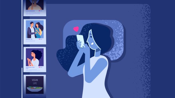 小玩意上瘾问题。扁平女孩在床上玩智能手机。女人在晚上看社交媒体上的照片，而不是睡眠矢量图。社交媒体成瘾，现代失眠图片下载