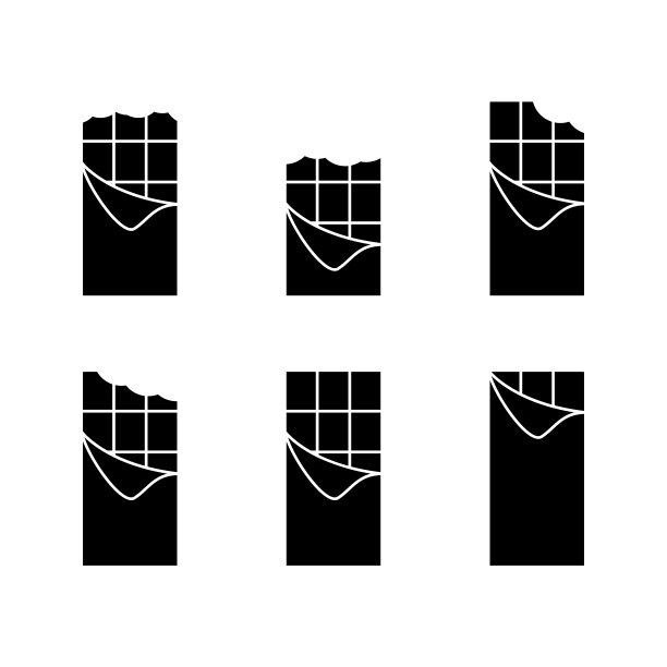 剪影咬巧克力条折叠后包装。轮廓图标集。图片下载