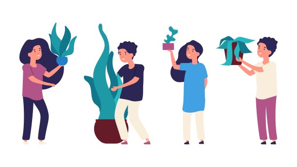 孩子和植物。孩子们在花盆里种植绿色植物。孤立的卡通男孩和女孩字符与家庭植物矢量集图片下载