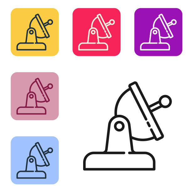 黑线卫星碟形天线图标孤立在白色背景上。无线电天线、天文和空间研究。设置图标的颜色方形按钮。向量图片下载