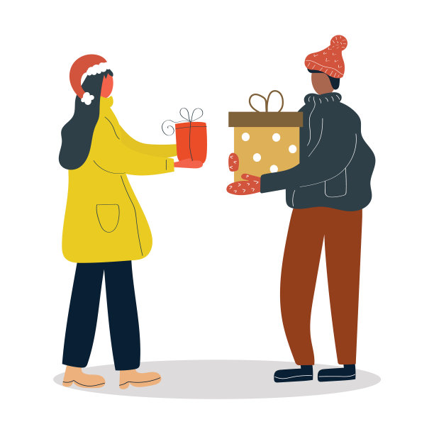 男女互赠礼物，圣诞快乐新年好概念扁平插画图片下载