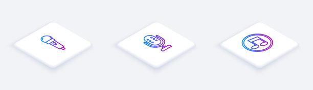 设置“等距线麦克风”、“音乐音符”、“音调”。白色正方形按钮。向量图片下载