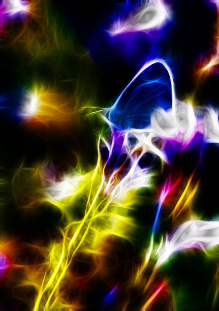 霓虹蝴蝶，3d超现实插画。分形的抽象结构图片下载