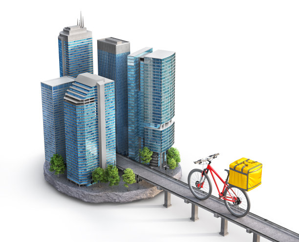 交付的概念。背包里的自行车在去城市的路上。在线订购的食物。三维演示图片下载