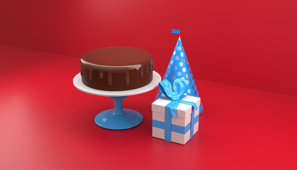 巧克力蛋糕，礼盒和派对帽图片下载