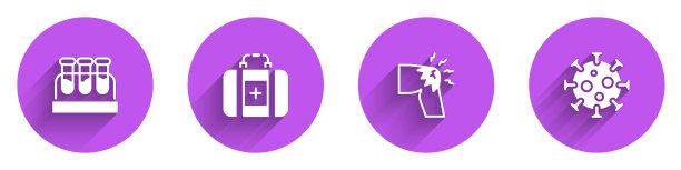 设置有血液的试管，急救箱，关节疼痛，膝盖疼痛和病毒长阴影图标。向量图片下载