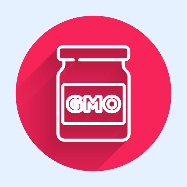 白线转基因图标孤立与长阴影。转基因生物的缩写。Dna食品修改。红色圆圈按钮。向量图片下载