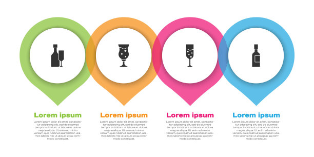 设置酒瓶与玻璃杯，啤酒杯，香槟酒和香槟。业务信息图模板。向量图片下载