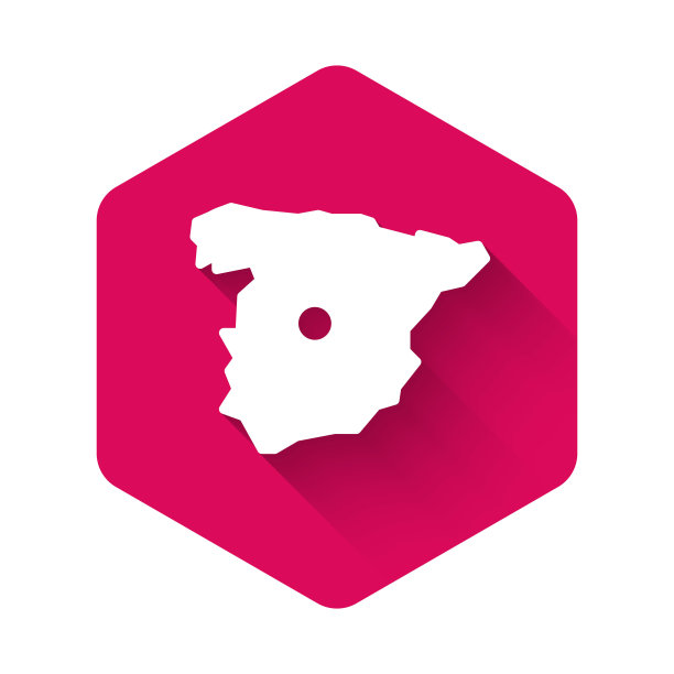 白色地图的西班牙图标孤立与长阴影。粉红色的六角按钮。向量图片下载