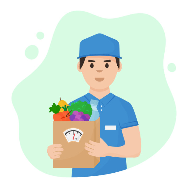 食物向量交付。快递员手里拿着装满健康营养的盒子。带秤的杂货纸袋。均衡的饮食。购物说明图片下载