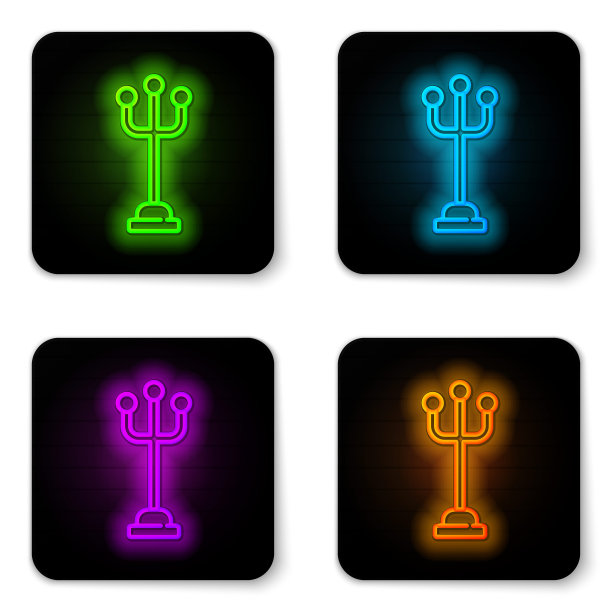 发光的霓虹灯线外套站图标孤立在白色的背景。黑色方形按钮。向量图片下载