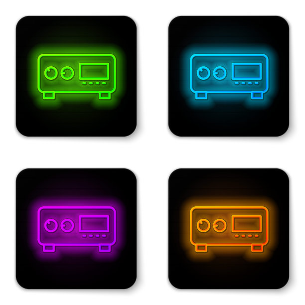 发光的霓虹灯线吉他放大器图标孤立在白色的背景。乐器。黑色方形按钮。向量图片下载