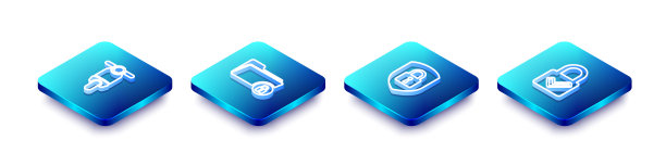 设置等距线滑板车，文件夹和锁，盾安全与锁检查标记图标。向量图片下载