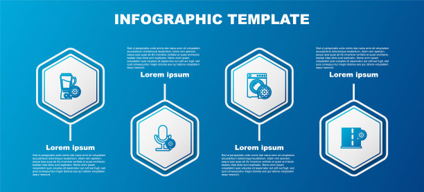 设置线搅拌机与碗设置，麦克风，洗衣机和服务器。业务信息模板。向量图片下载