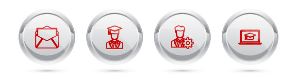 设置行邮件和电子邮件，毕业与毕业帽，配置文件设置和毕业笔记本电脑。银圈按钮。向量图片下载
