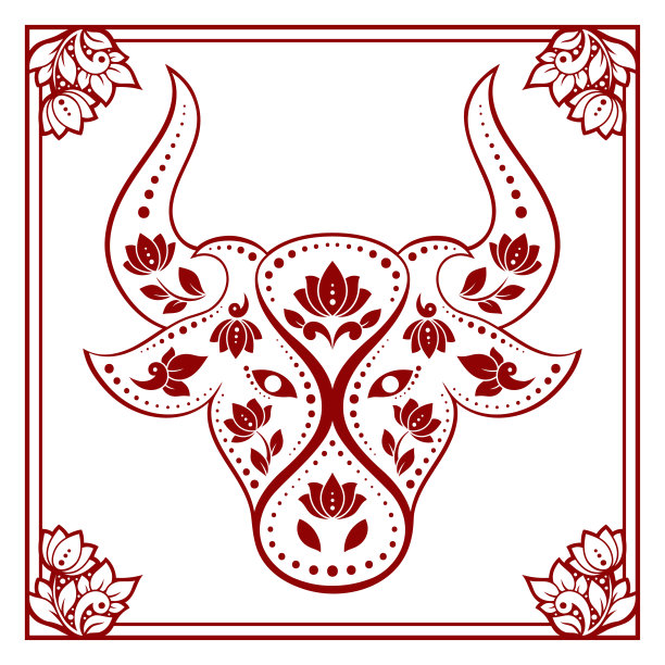 2021年的象征是一只装饰着传统东方花卉图案的白公牛。红色装饰装饰在白色背景上的亚洲风格。图片下载